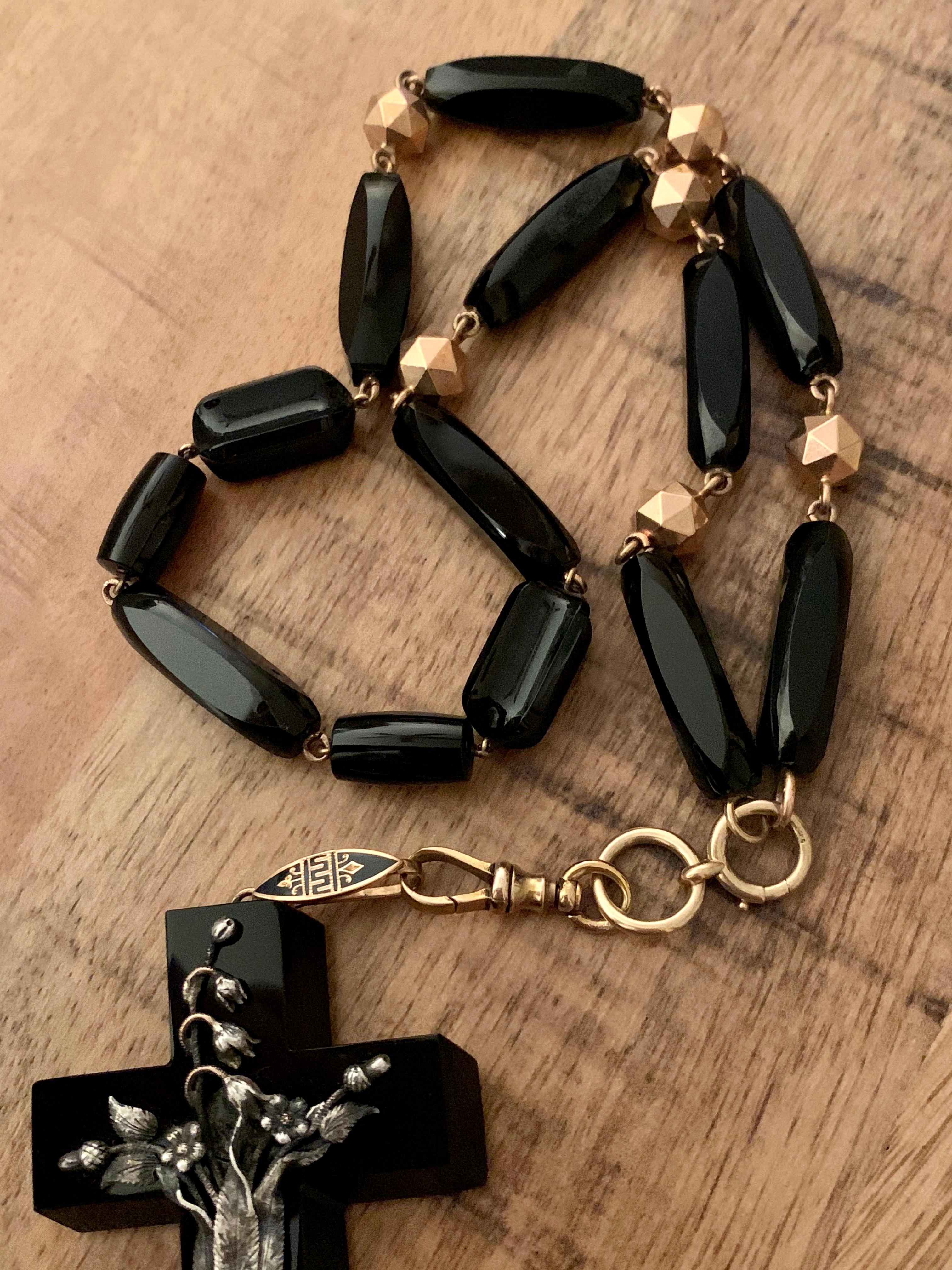 Victorian Black Onyx Cross with Silver Design and 14 Karat Gold and Onyx Chain In Good Condition In St. Louis Park, MN