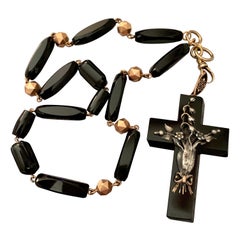 Victorian Black Onyx Cross with Silver Design and 14 Karat Gold and Onyx Chain