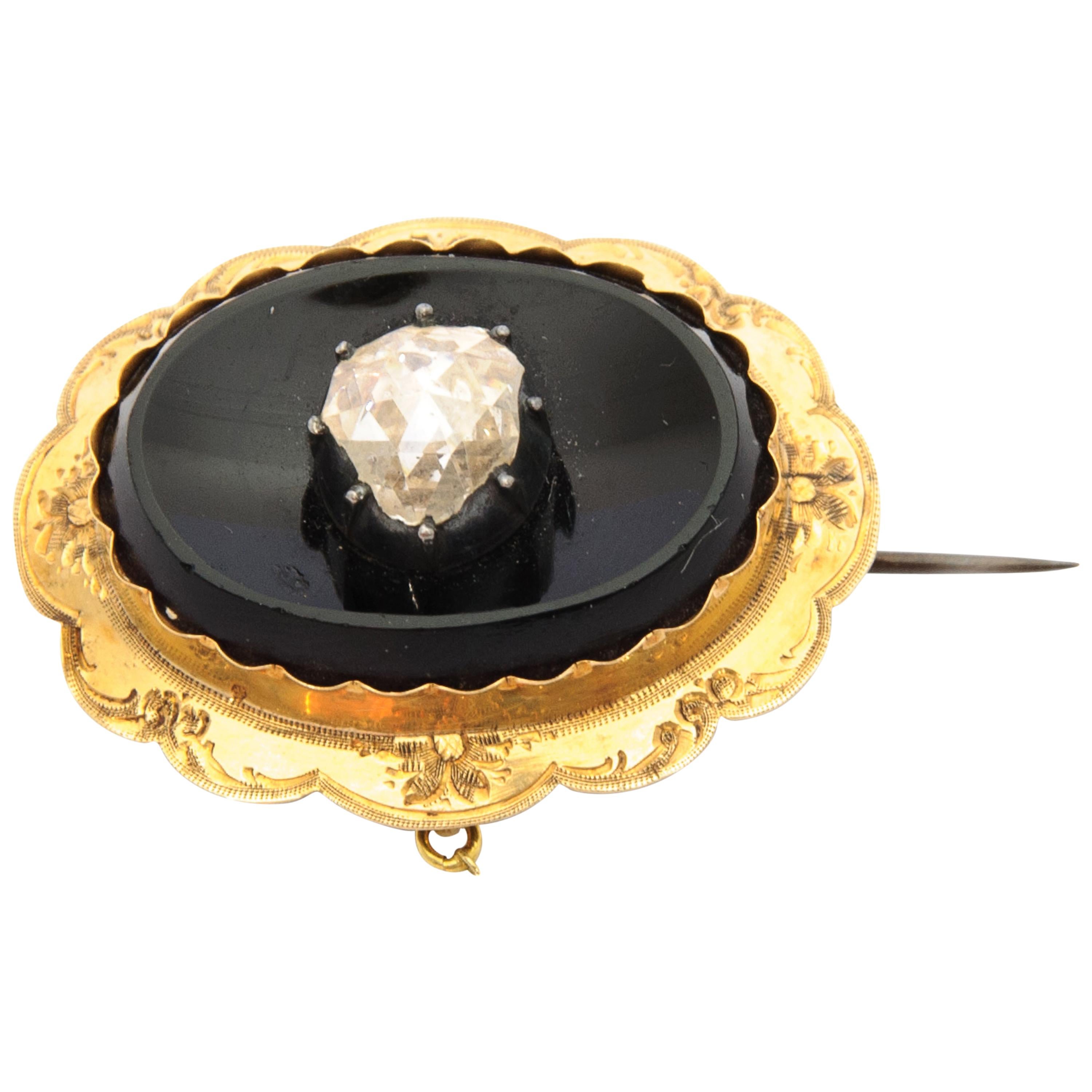 Victorian 14 Karat Yellow Gold Diamond Onyx Pin Brooch