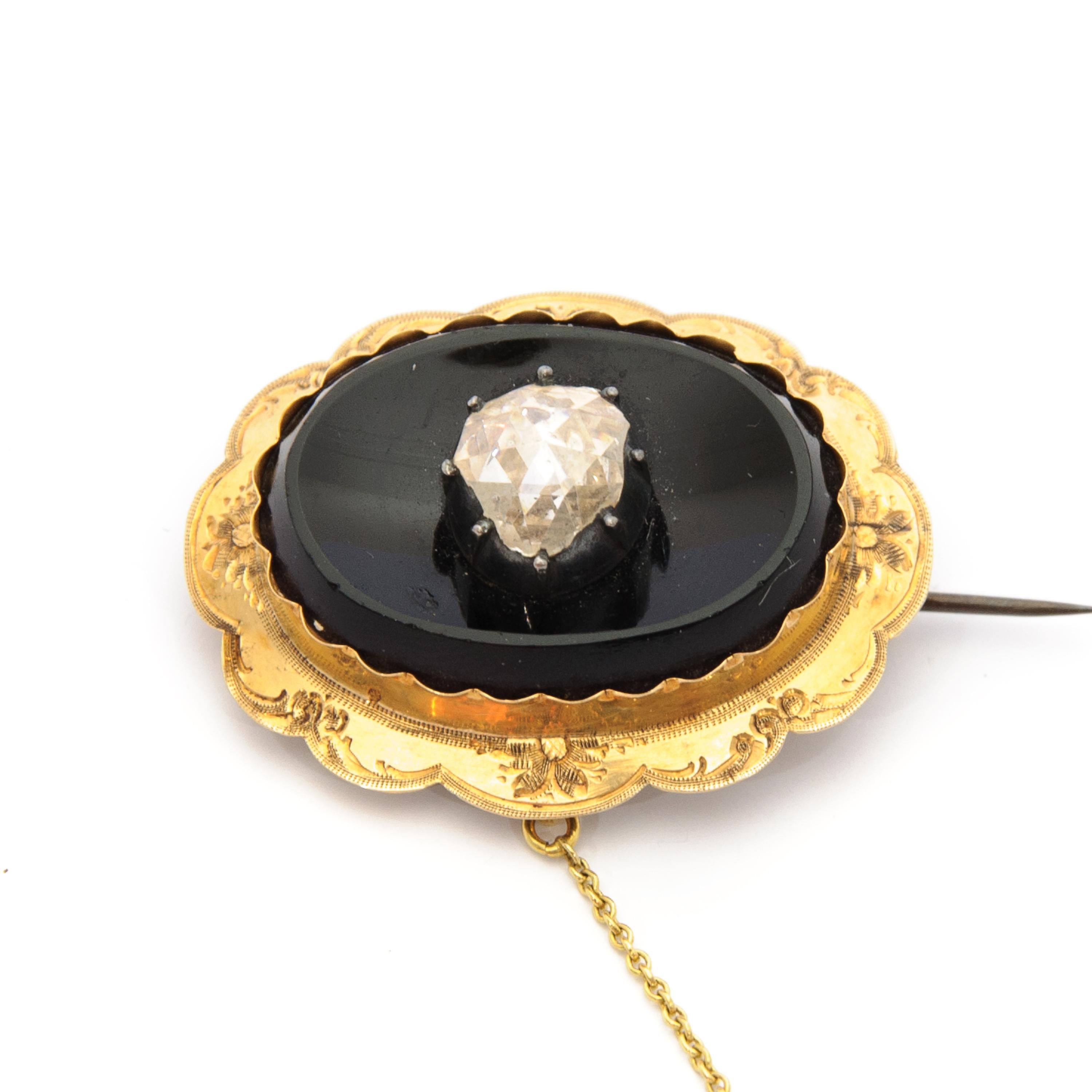 Rose Cut Victorian 14 Karat Yellow Gold Diamond Onyx Pin Brooch