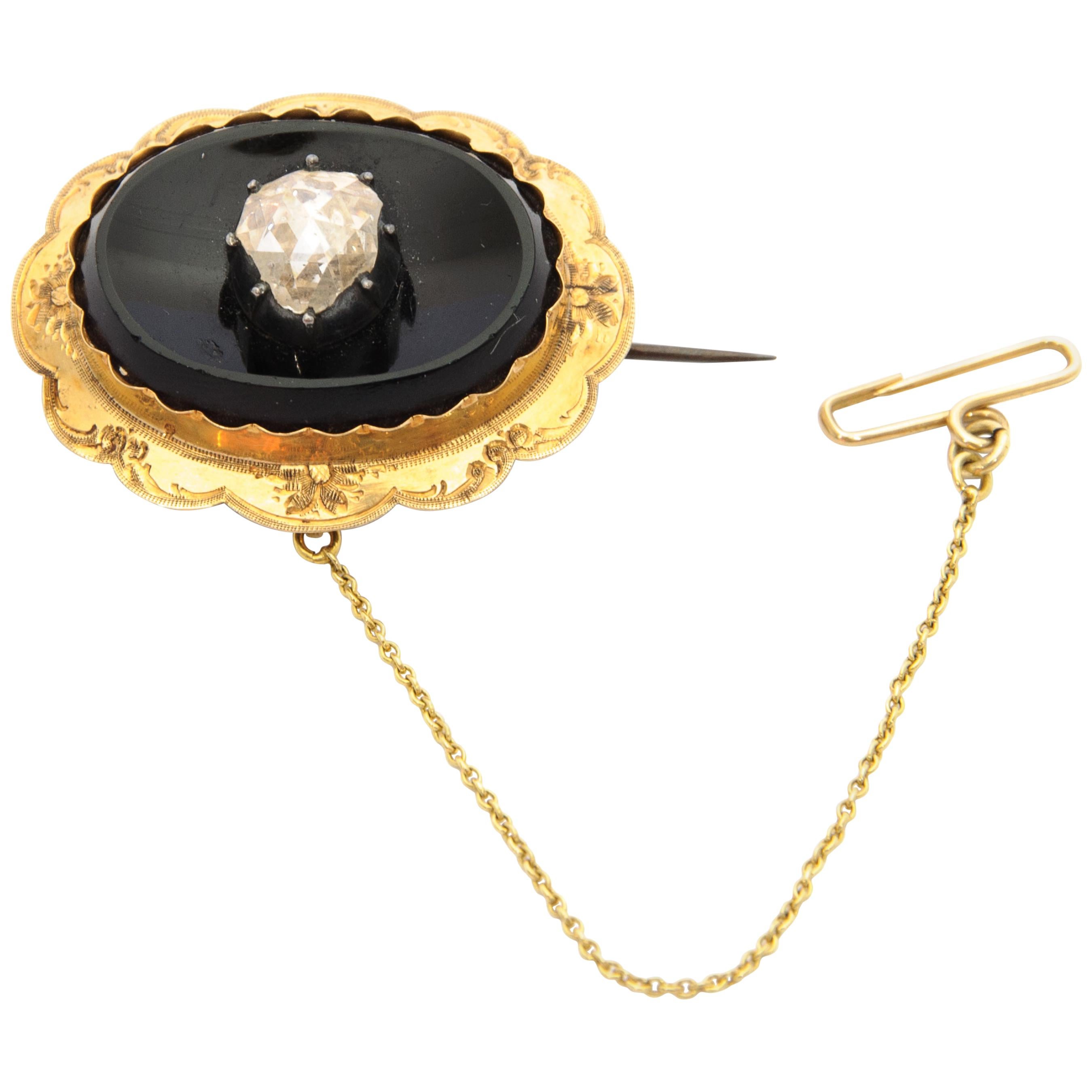 Women's Victorian 14 Karat Yellow Gold Diamond Onyx Pin Brooch