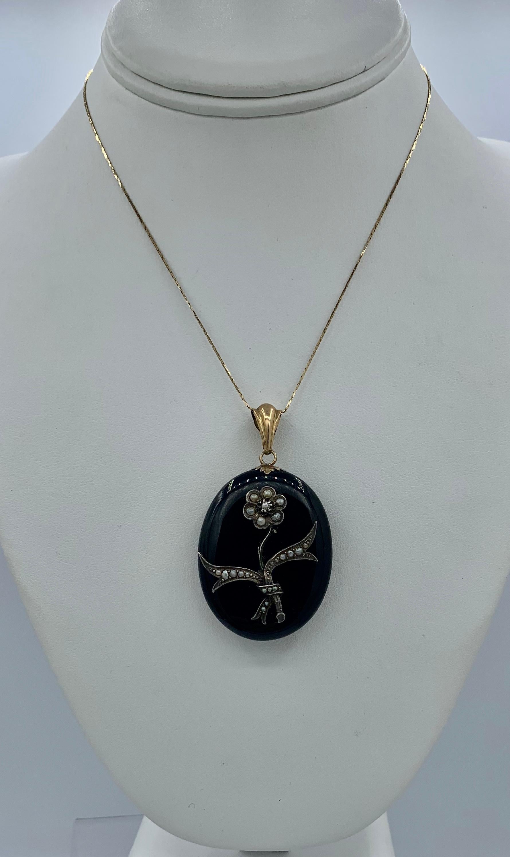 Round Cut Victorian Black Onyx Locket Necklace Flower Motif Gold Pearl, Circa 1860