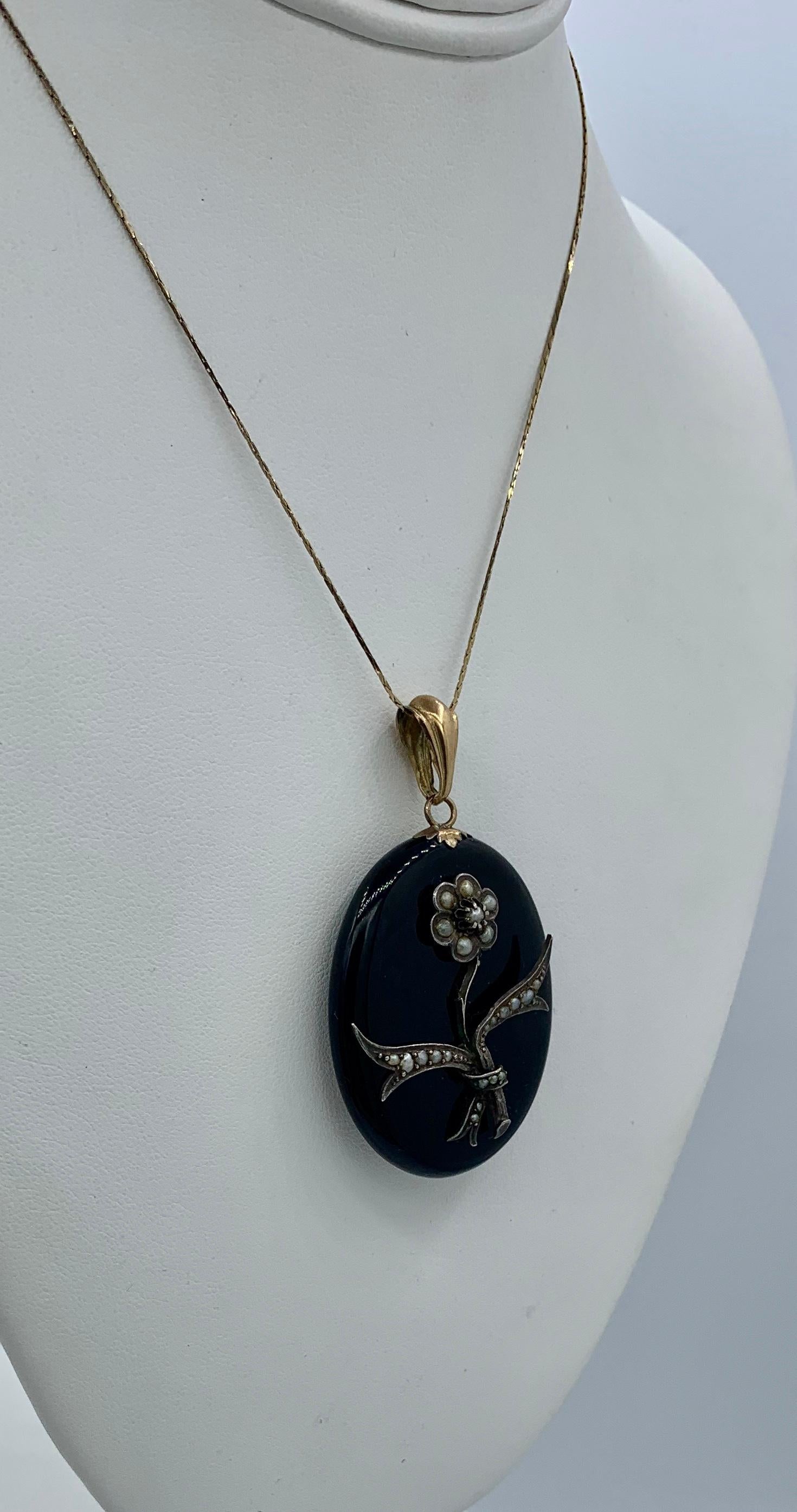 Women's Victorian Black Onyx Locket Necklace Flower Motif Gold Pearl, Circa 1860