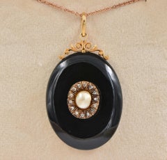 Victorian Black Onyx Natural Pearl Diamond 18 Kt Locket Pendant