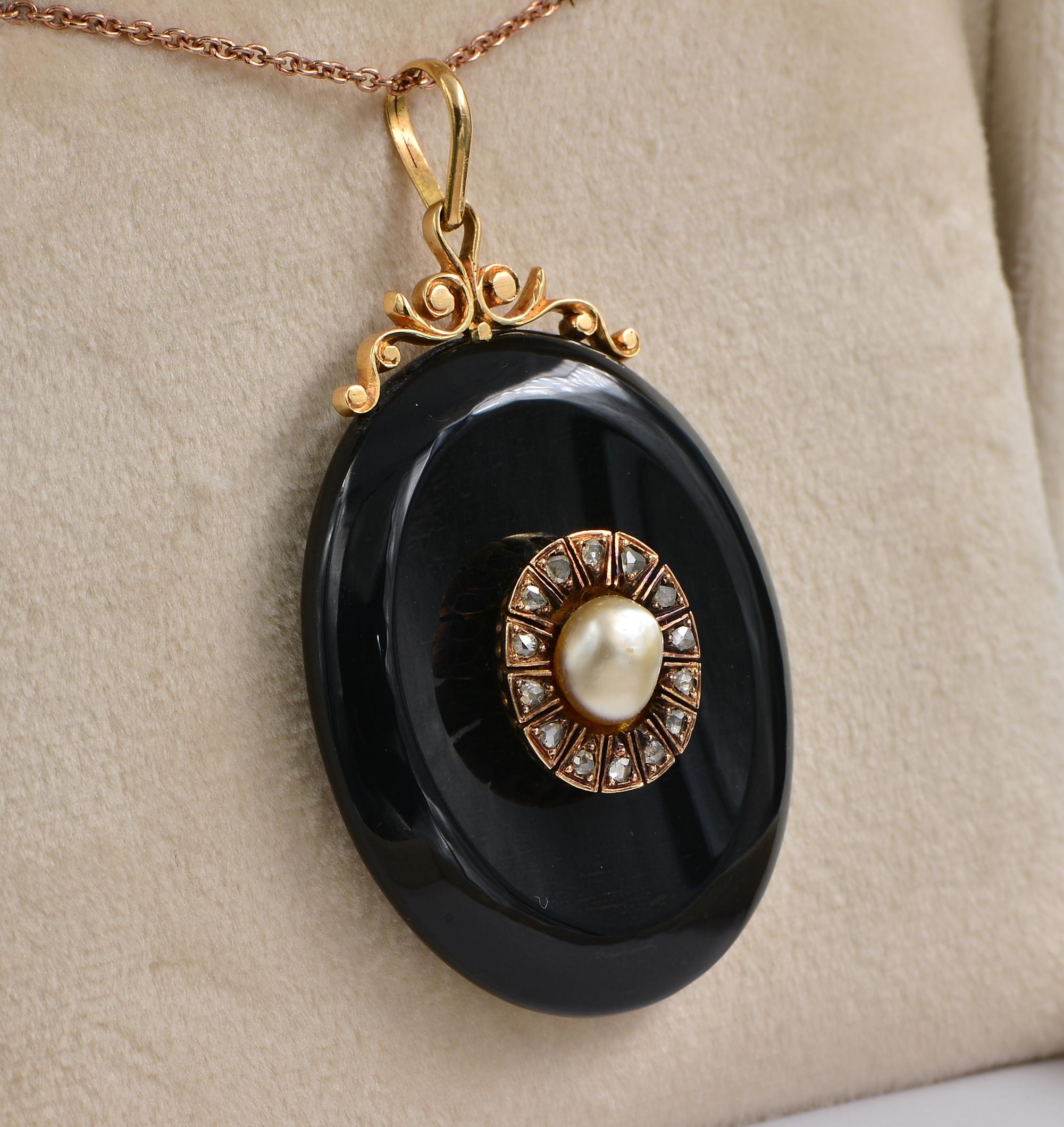 Rose Cut Victorian Black Onyx Natural Pearl Diamond 18 Kt Locket Pendant For Sale