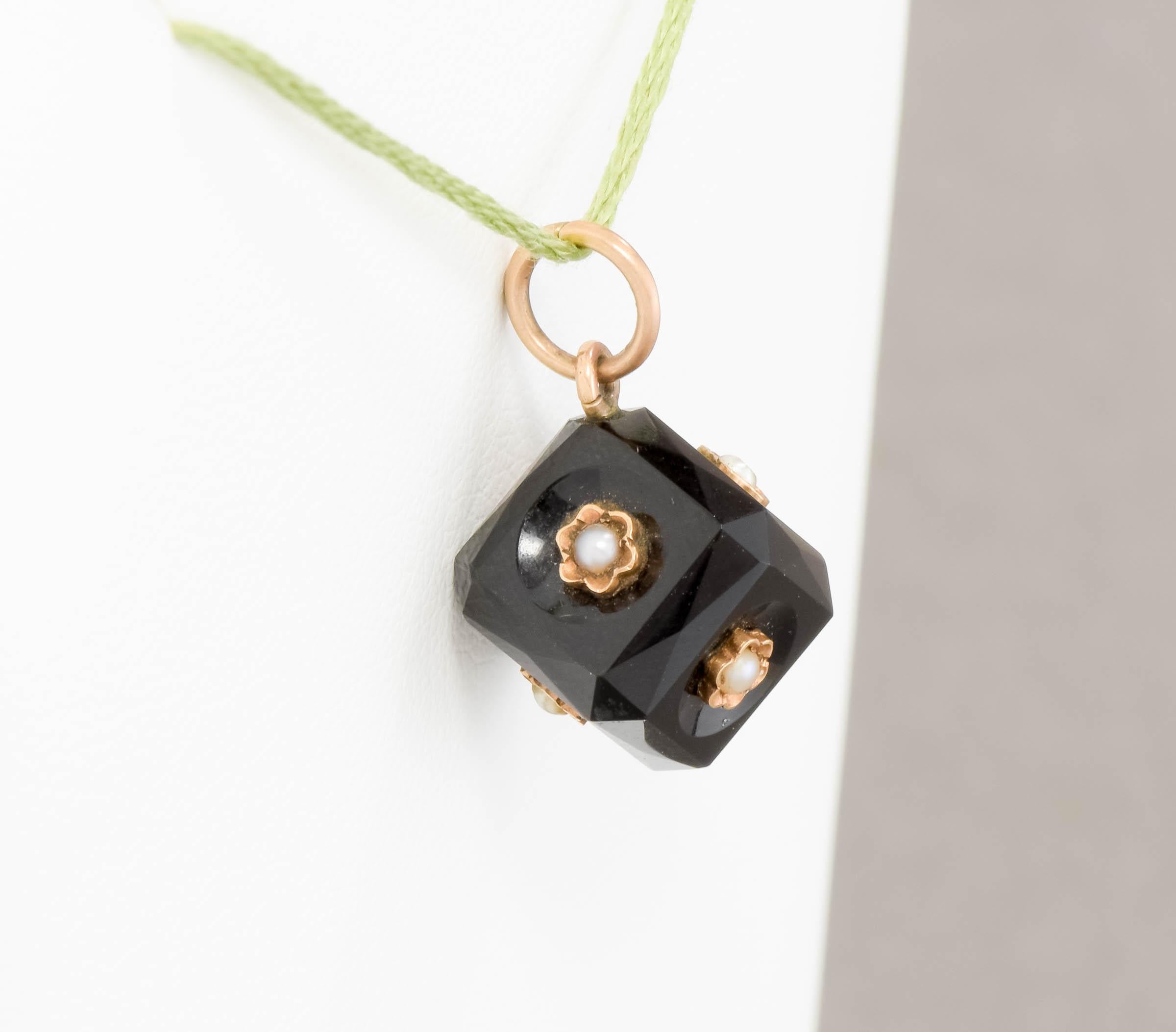 Victorian Black Onyx Pearl Cube Watch Fob Charm Pendant with Flower Blossoms In Good Condition In Danvers, MA