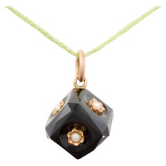 Victorian Black Onyx Pearl Cube Watch Fob Charm Pendant with Flower Blossoms