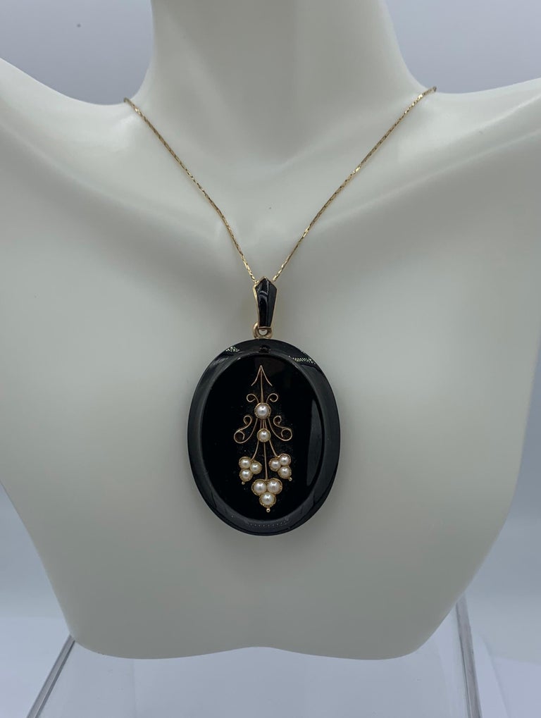 Pear Locket Victorian Black Onyx Pearl Locket Necklace Flower Motif 14K Braided ...