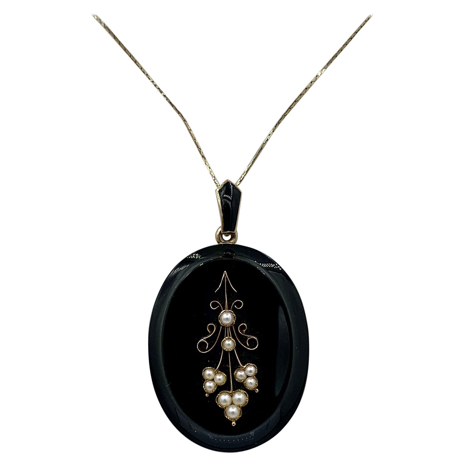Collana vittoriana con medaglione di perle in onice nera Motivo floreale 14K Capelli intrecciati Antico