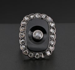 Victorian Black Onyx Rose Cut Diamond Panel ring 18 KT
