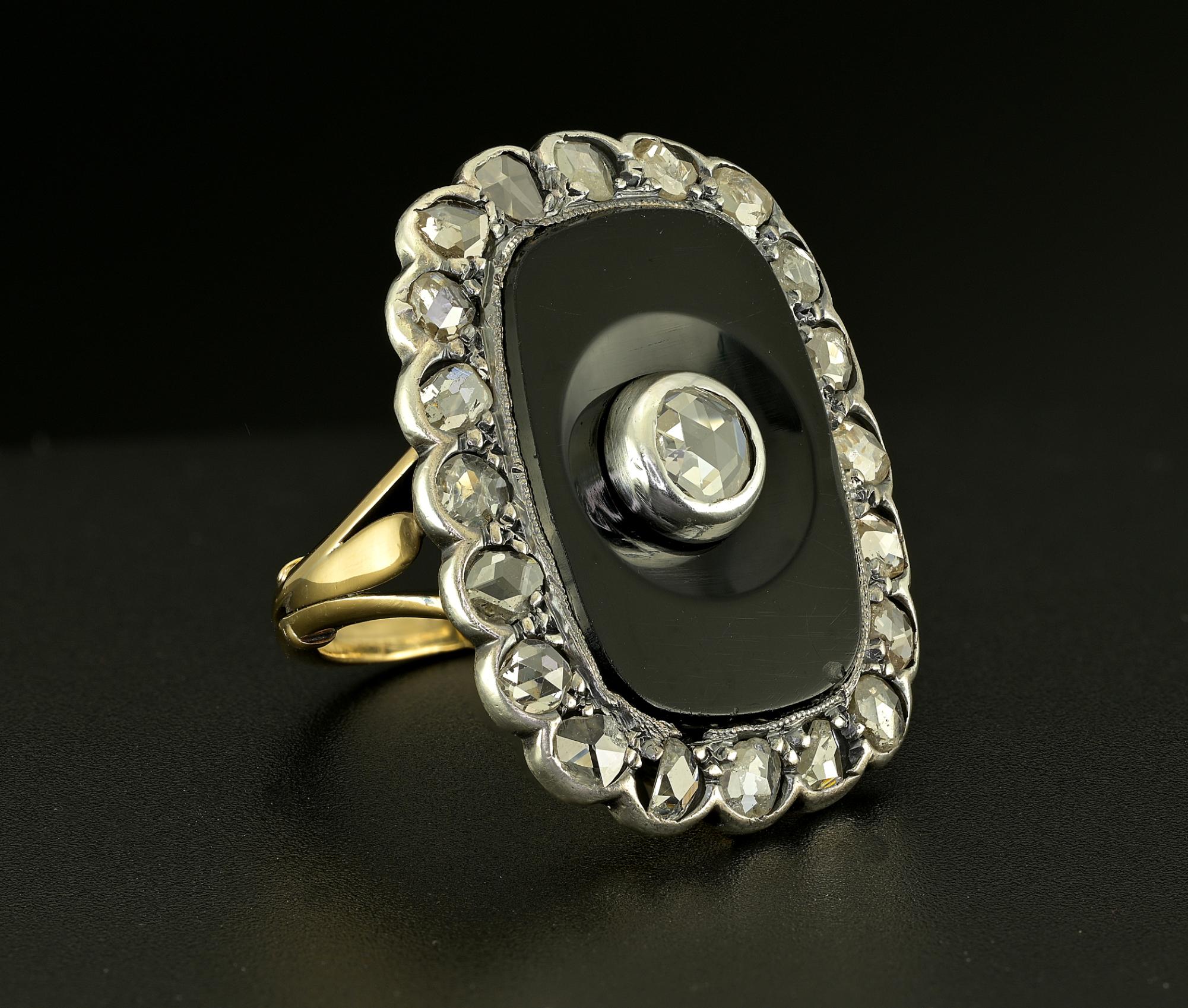Women's Victorian Black Onyx Rose Cut Diamond Panel ring 18 KT For Sale