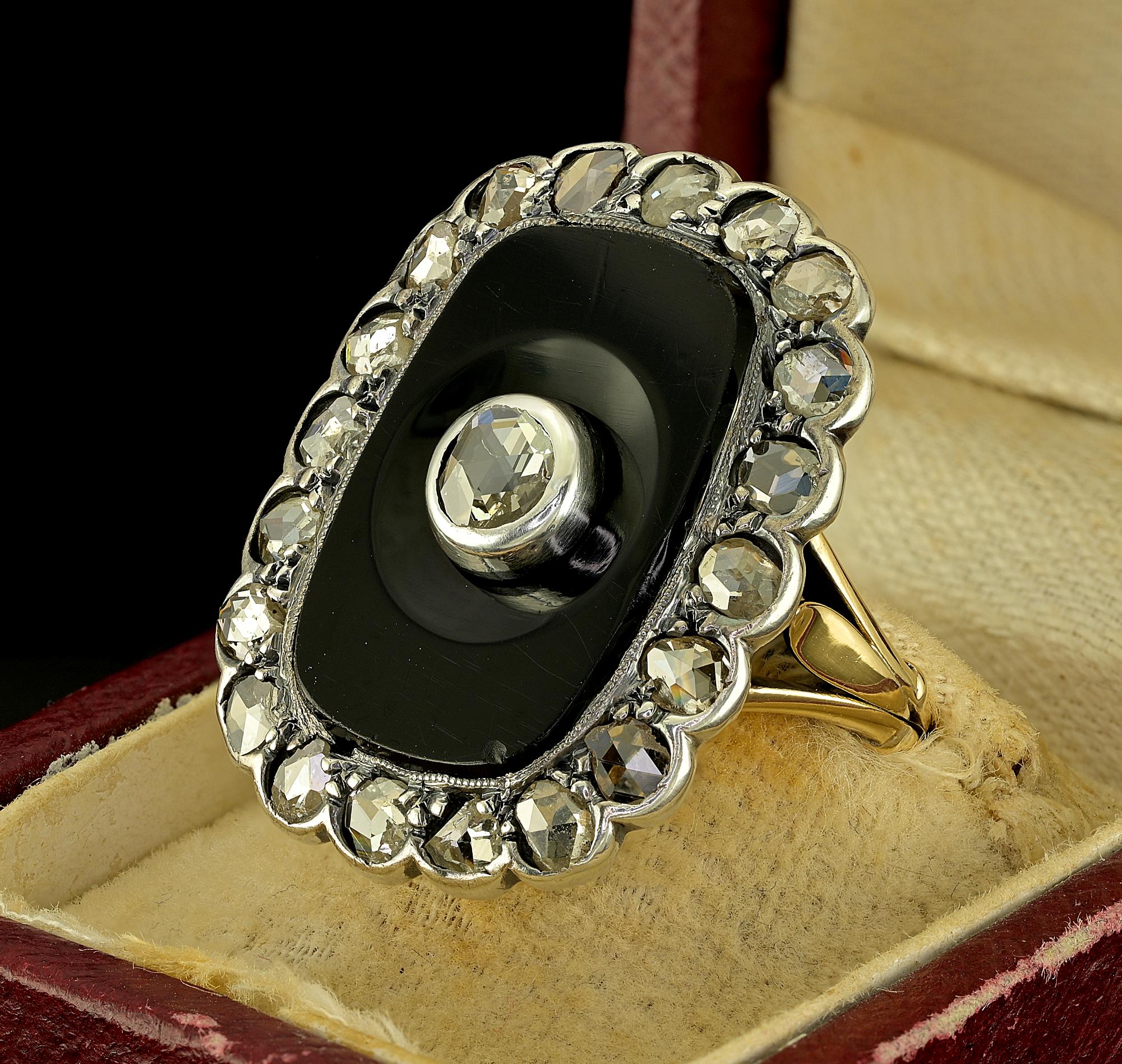 Victorian Black Onyx Rose Cut Diamond Panel ring 18 KT For Sale 1