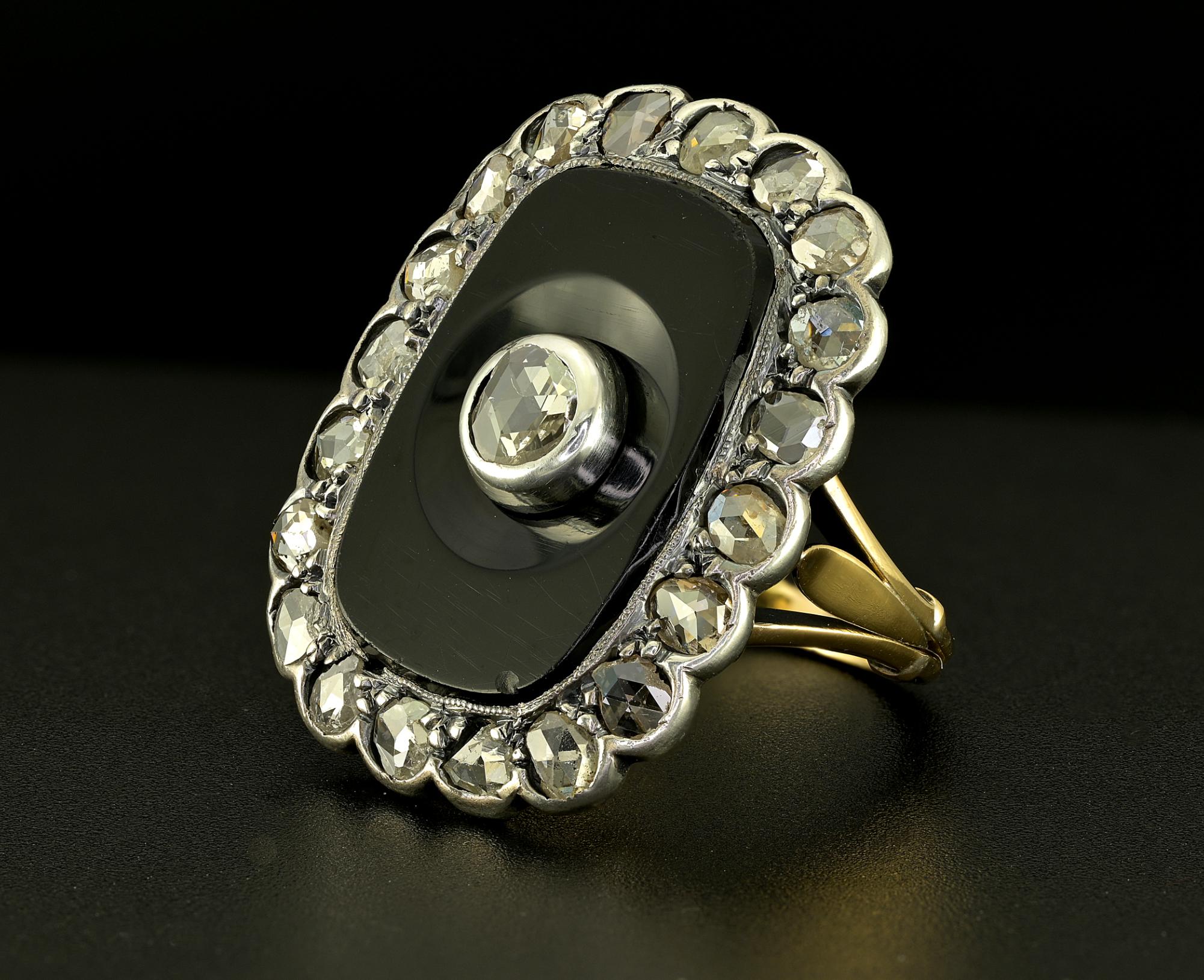 Victorian Black Onyx Rose Cut Diamond Panel ring 18 KT For Sale 2