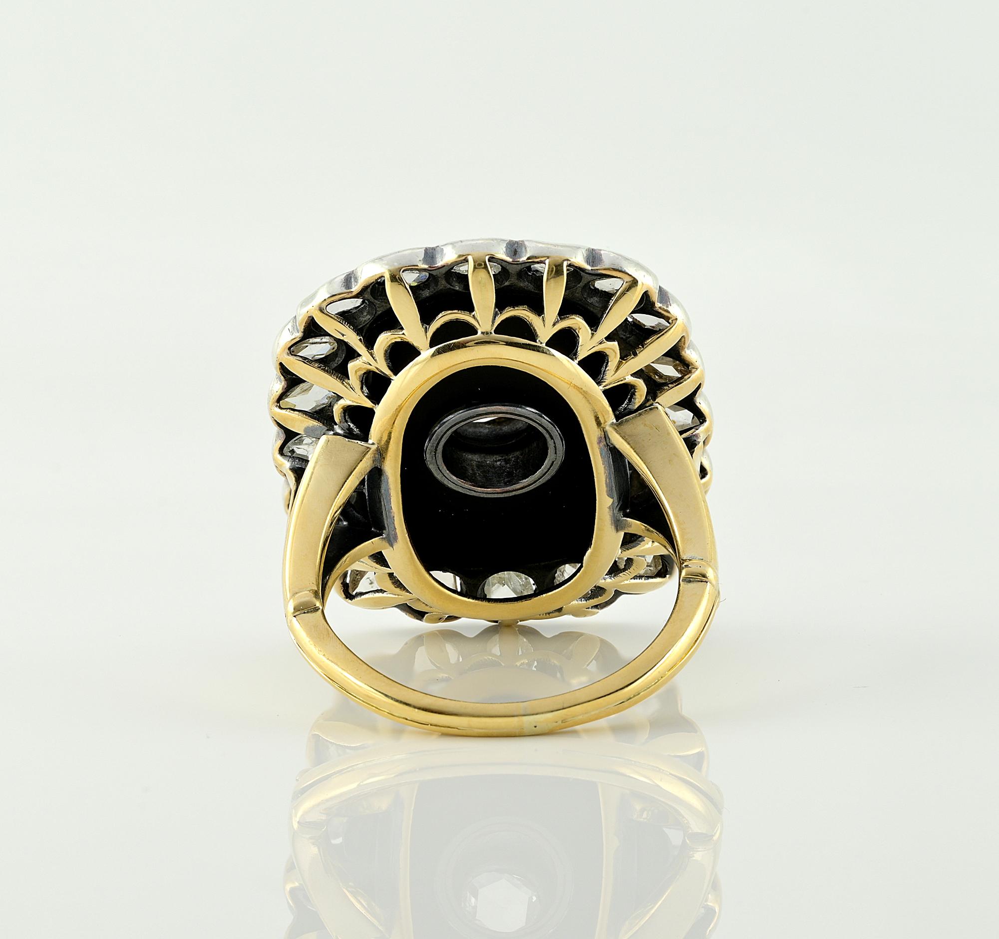 Victorian Black Onyx Rose Cut Diamond Panel ring 18 KT For Sale 3