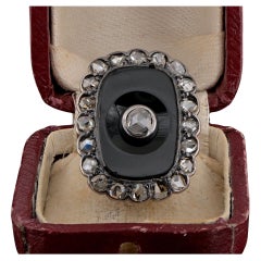 Victorian Black Onyx Rose Cut Diamond Panel ring 18 KT