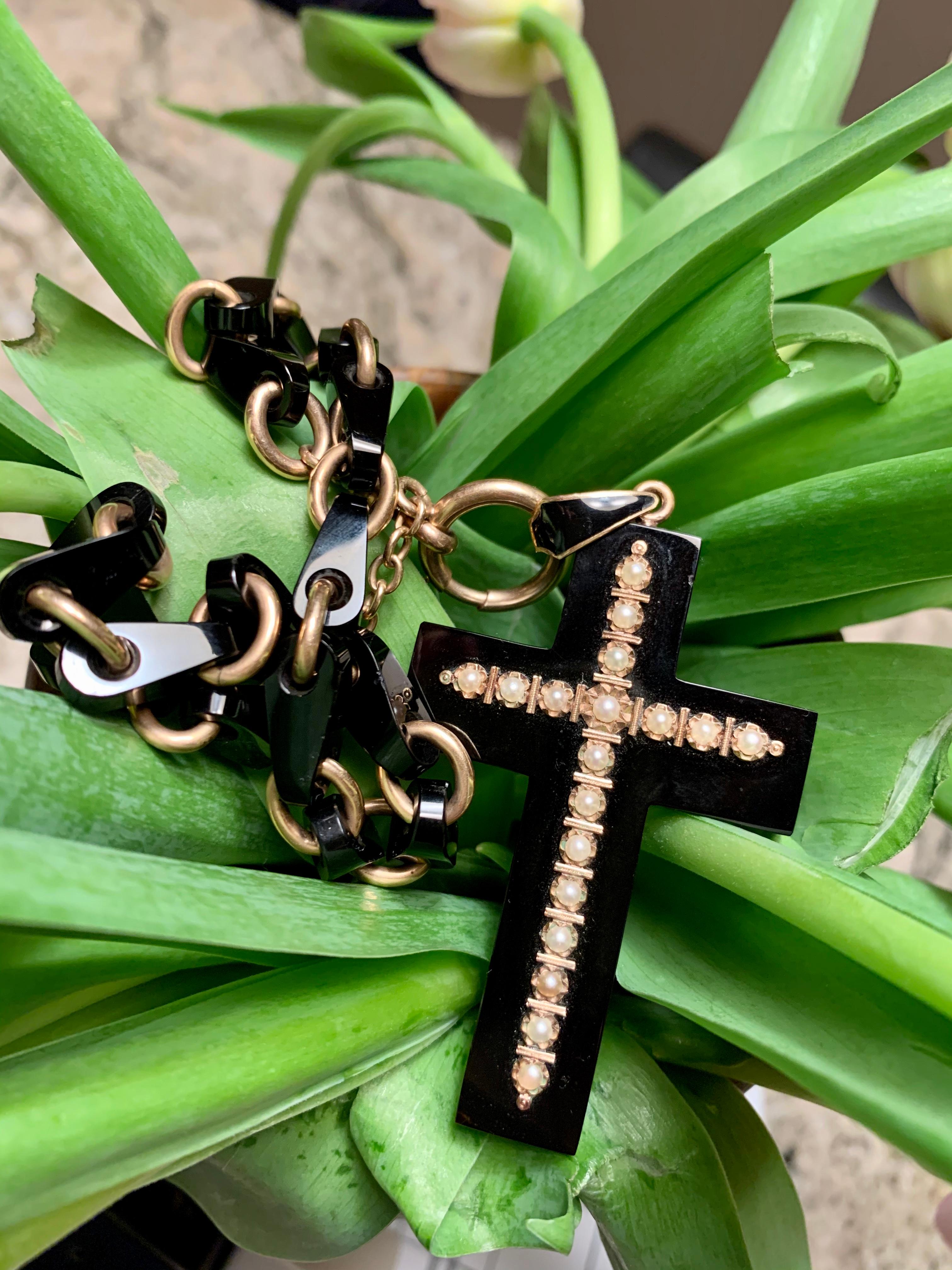 Victorian Black Onyx Seed Pearl 14 Karat Yellow Gold Cross on Black Onyx Chain In Good Condition In St. Louis Park, MN