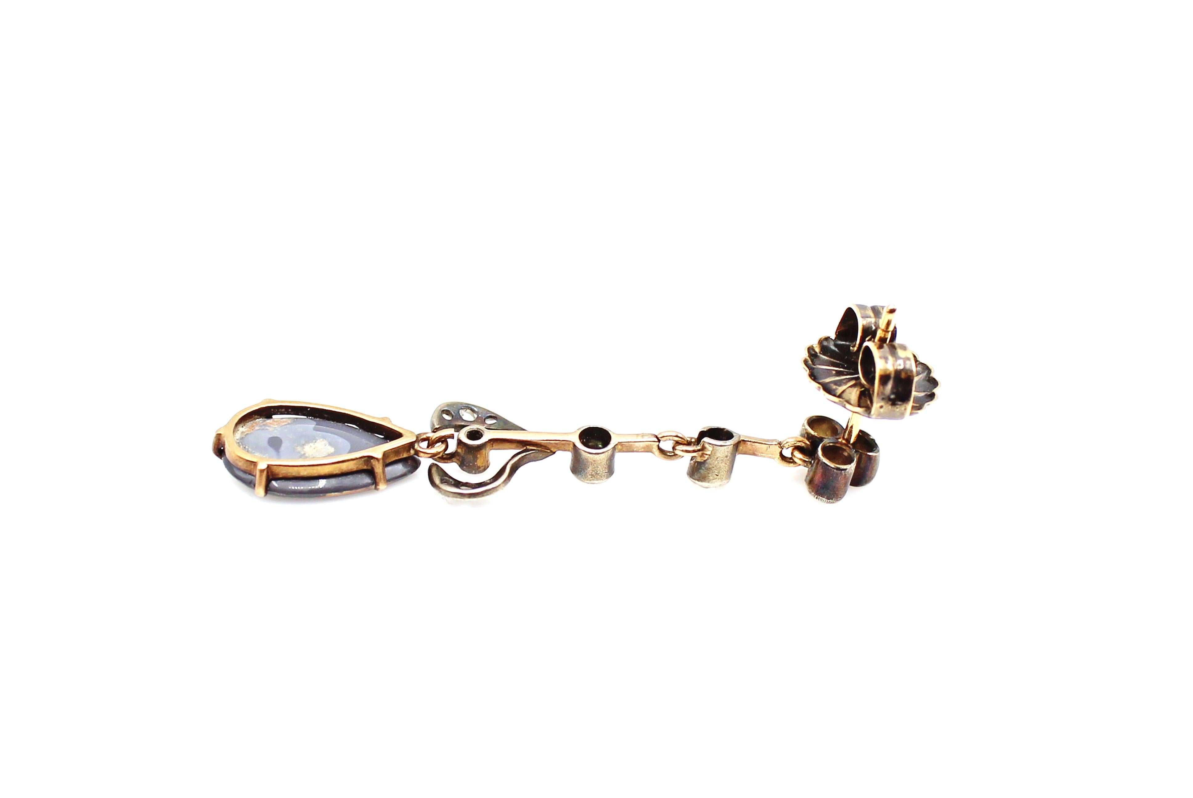 Women's or Men's Victorian Black Opal Diamond Gold Ear Pendants