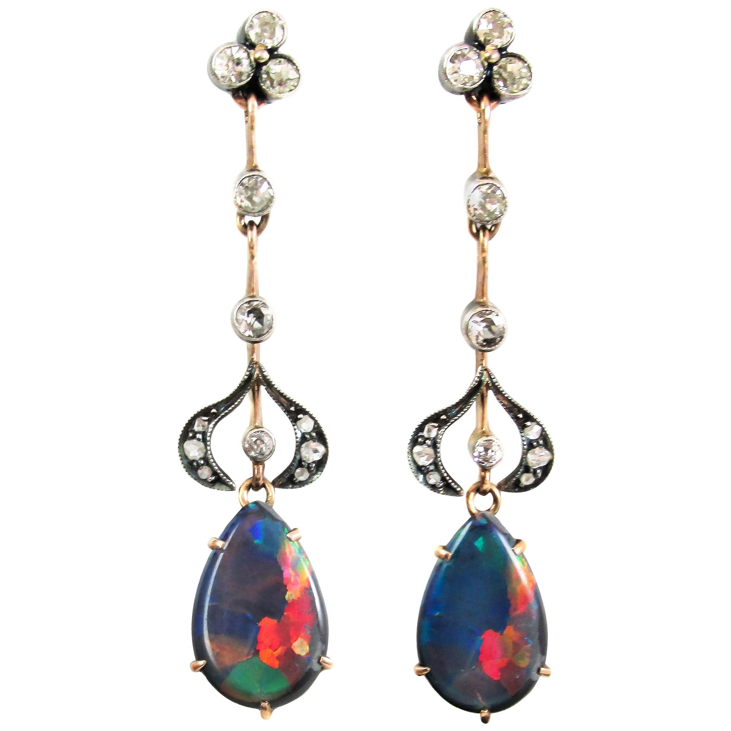 Victorian Black Opal Diamond Gold Ear Pendants