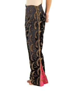 Victorian Black Silk & Cotton Velvet Metallic Embroidered Pants With Antique Pa