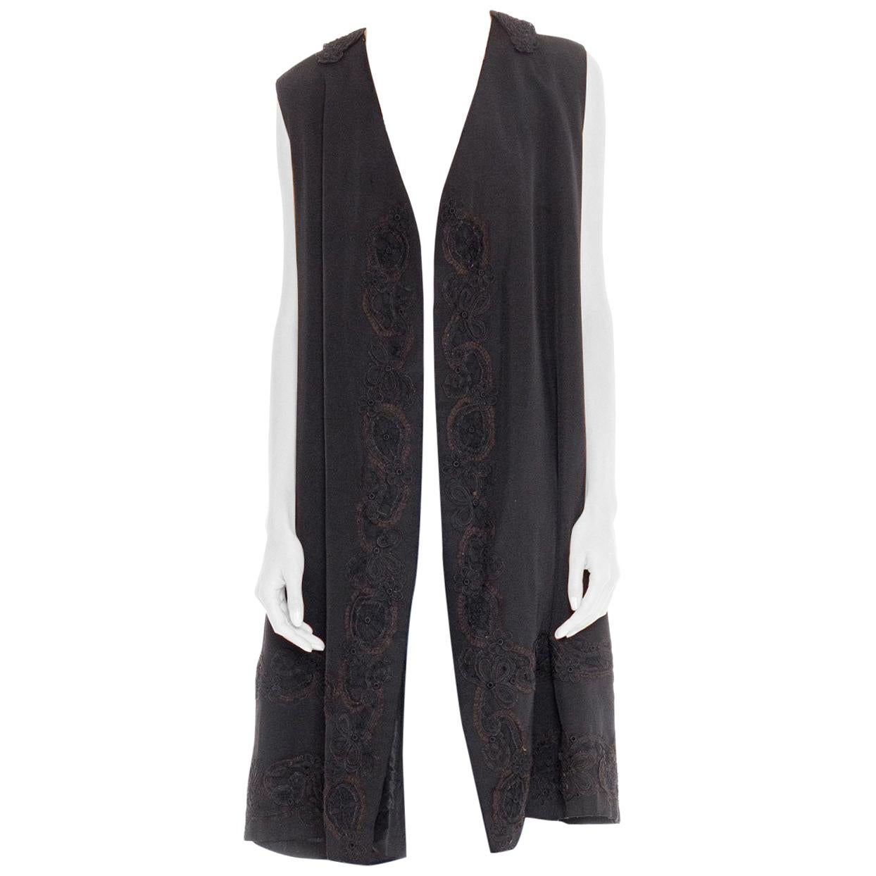 Victorian Black Silk Lace Trimmed Vest XL For Sale