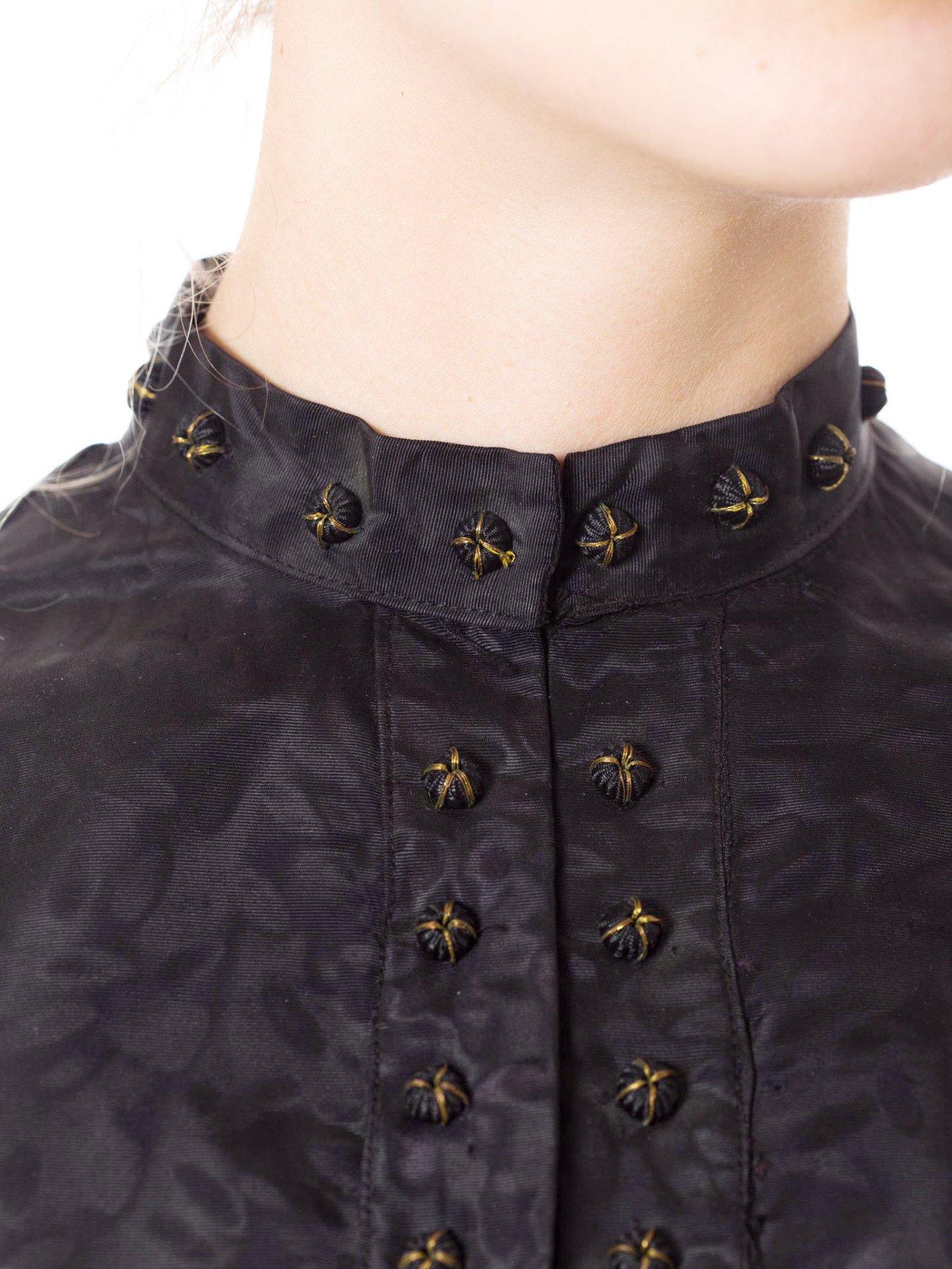 1930S Black Silk Moire Puff Sleeve Top With Studded Deco Buttons 1