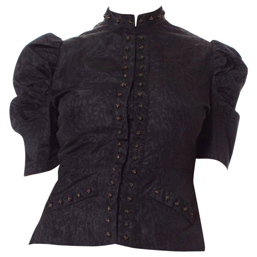 1930S Black Silk Moire Puff Sleeve Top With Studded Deco Buttons