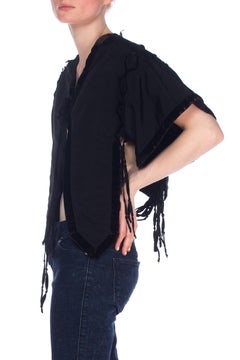 Victorian Black Silk Ottoman Cropped Jacket Vest With Velvet Ribbon Tassels