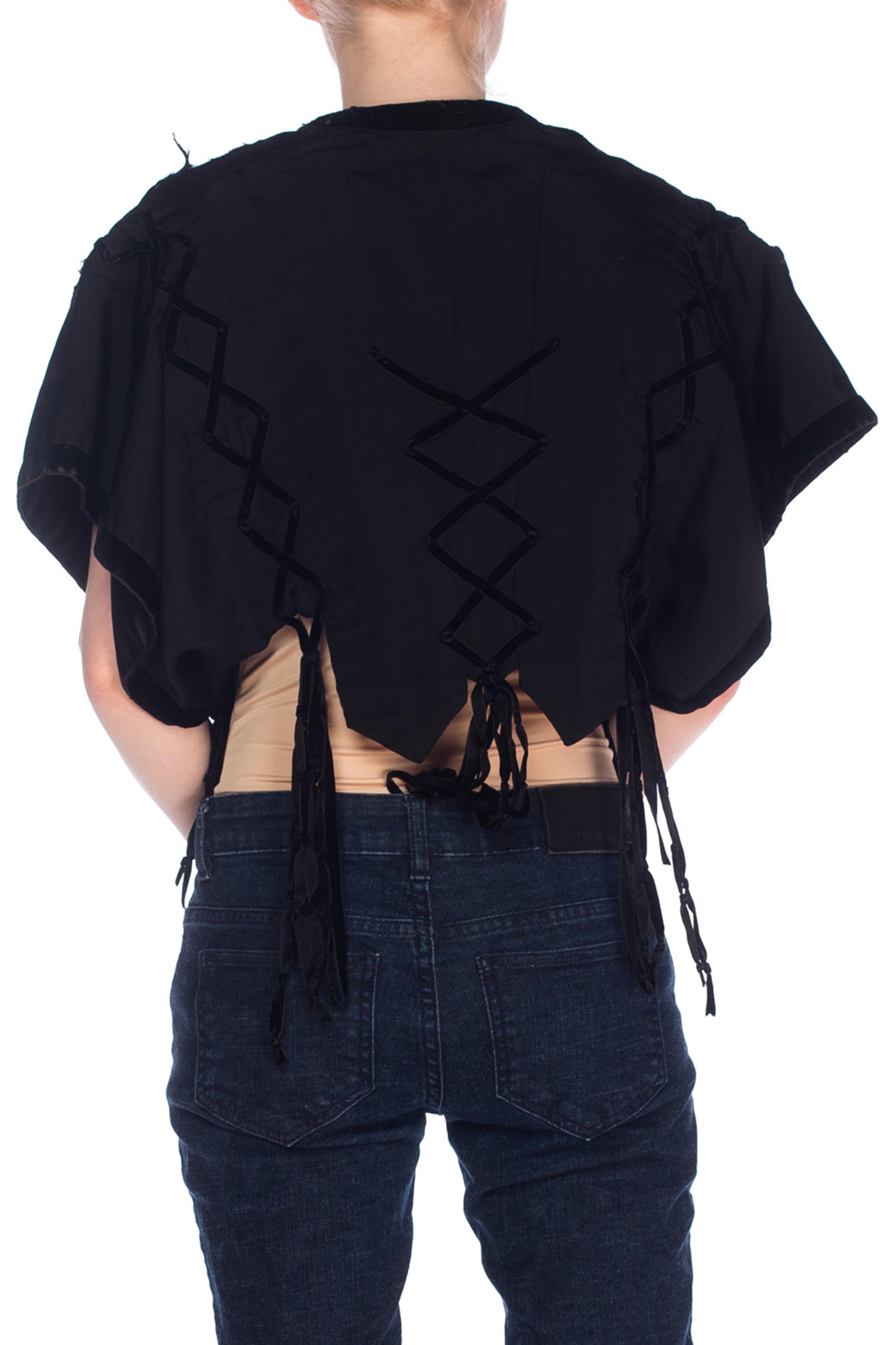 Victorian Black Silk Ottoman Cropped Jacket Vest With Velvet Ribbon Tassels In Excellent Condition In New York, NY