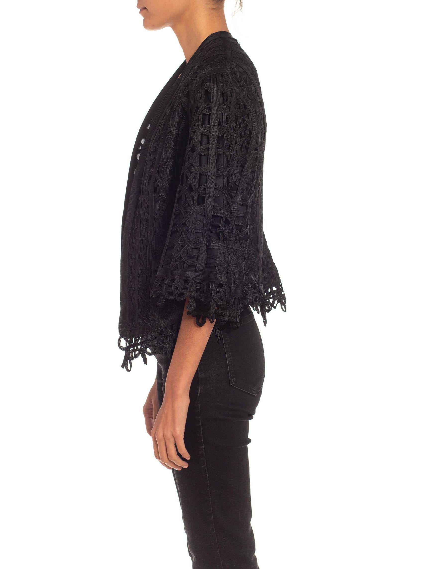 Victorian Black Silk Tape Lace Short Jacket With 3 Quarter Sleeves In Excellent Condition For Sale In New York, NY