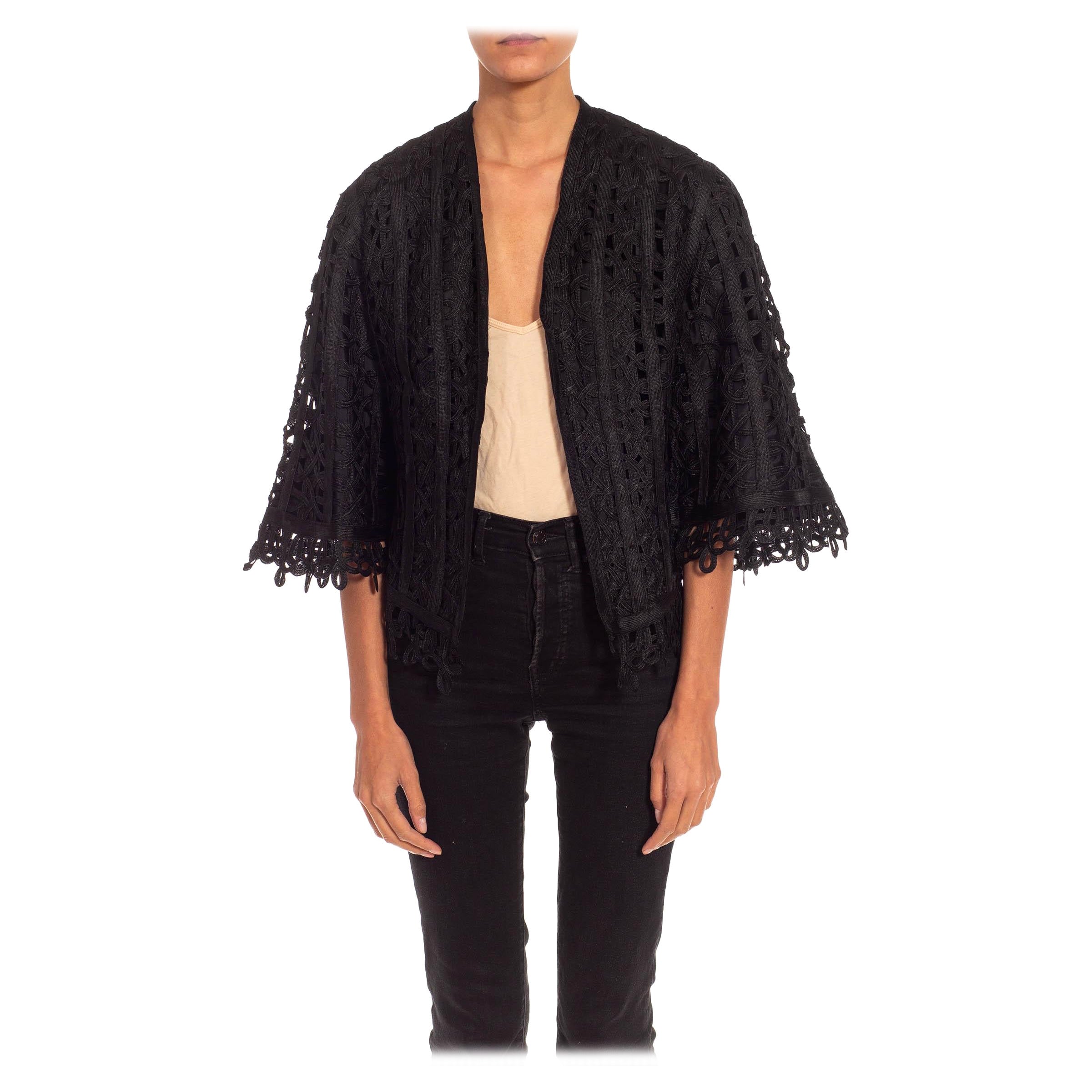 Chaqueta Corta Victoriana De Encaje De Cinta De Seda Negra Con Mangas De 3 Cuartos