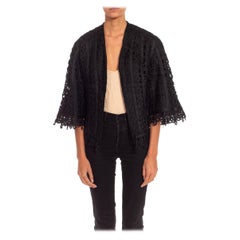 Antique Victorian Black Silk Tape Lace Short Jacket With 3 Quarter Sleeves