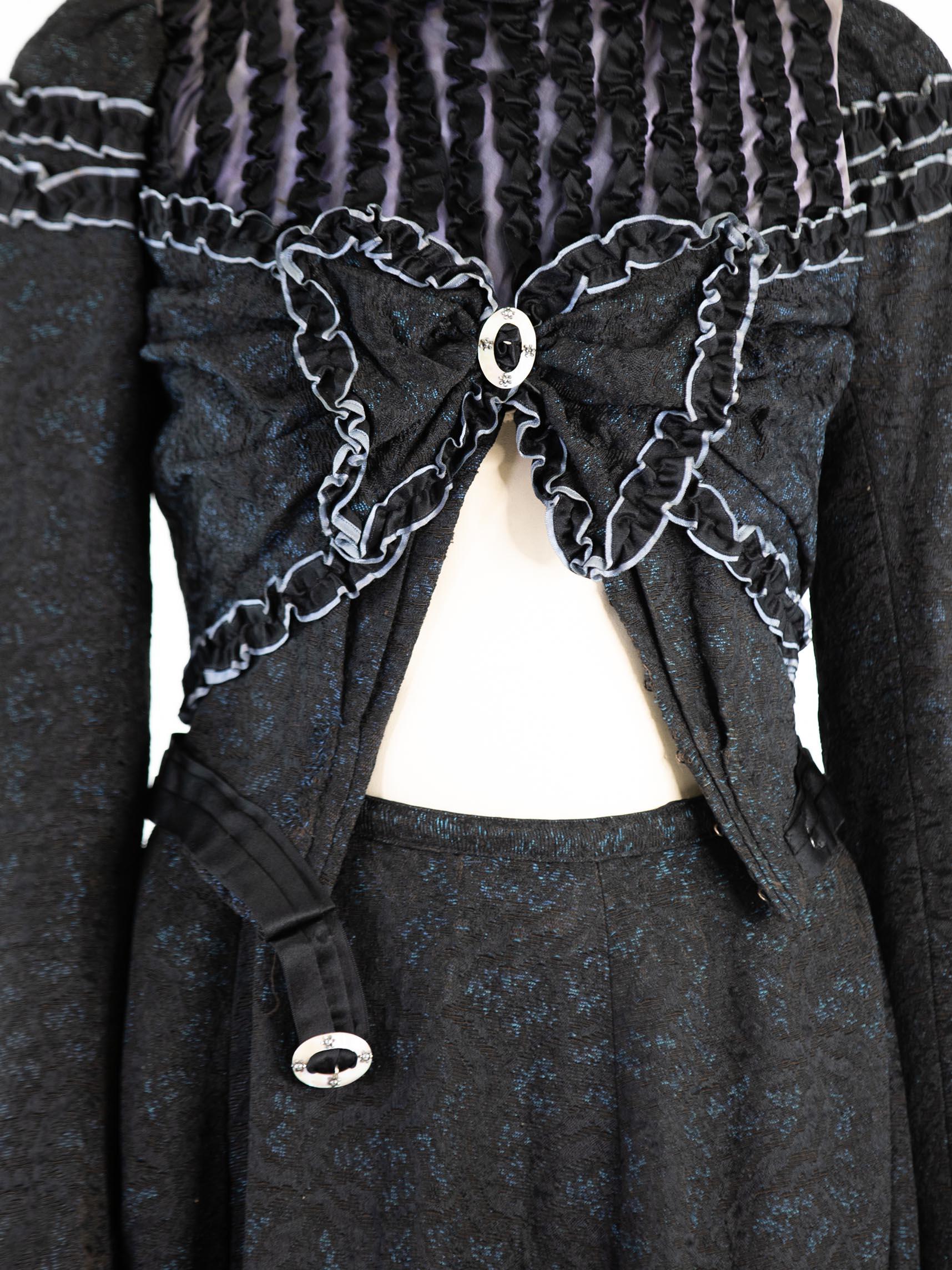 Victorian Black Silk & Wool Jacquard Blue Ruffled Walking Skirt Suit With Antiq For Sale 2