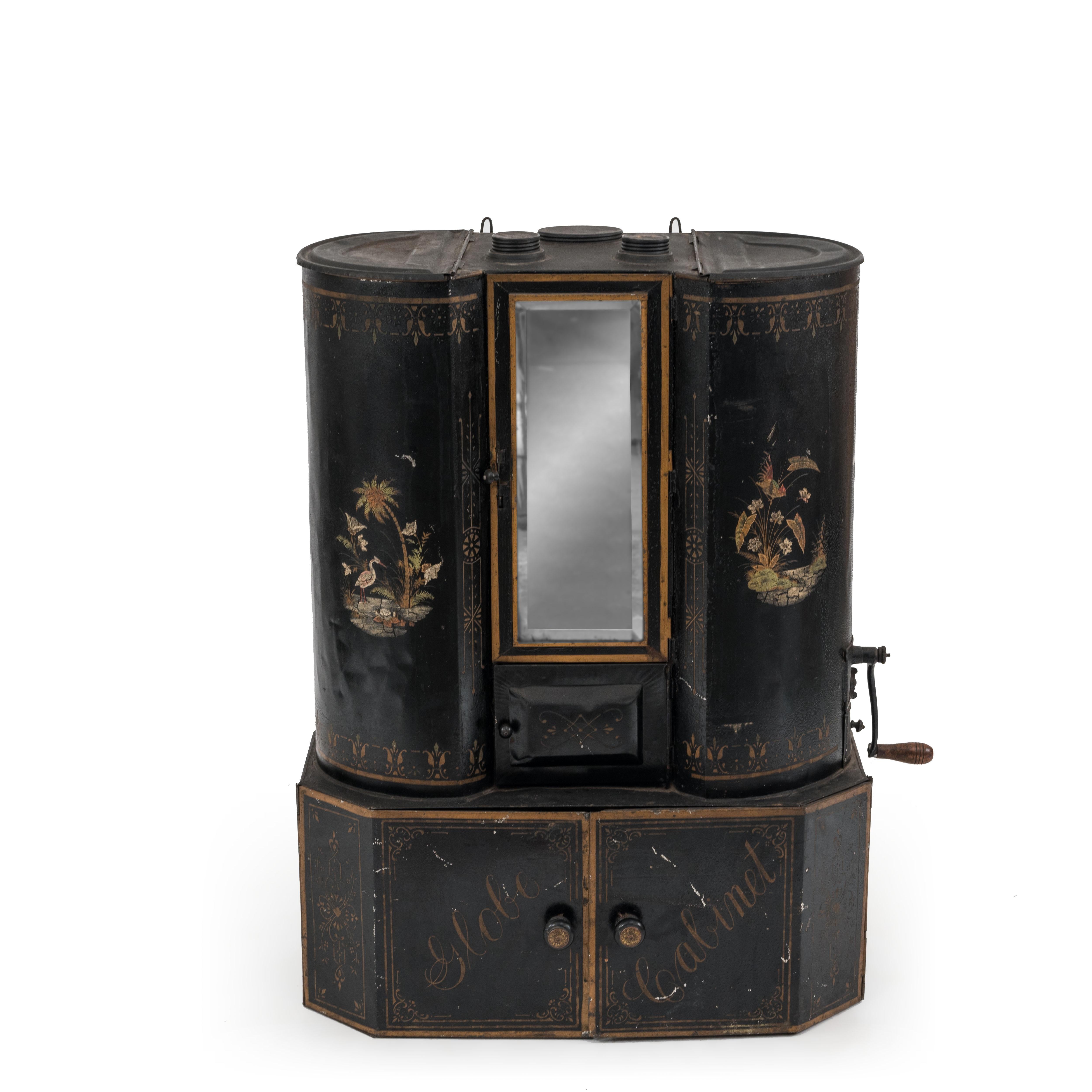 American Victorian black tole decorated spice hanging cabinet with mirror and flour sifter and coffee grinder.