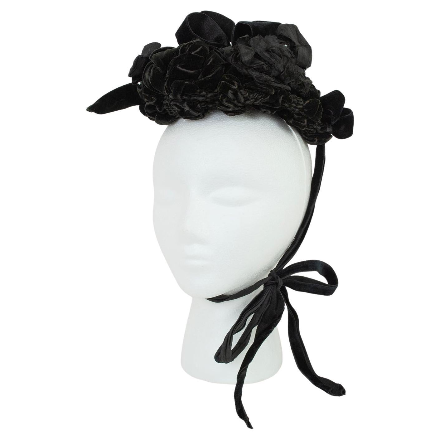 Victorian Black Velvet and Silk Rose Mourning Bonnet w Velvet Ties - O/S, 1880s