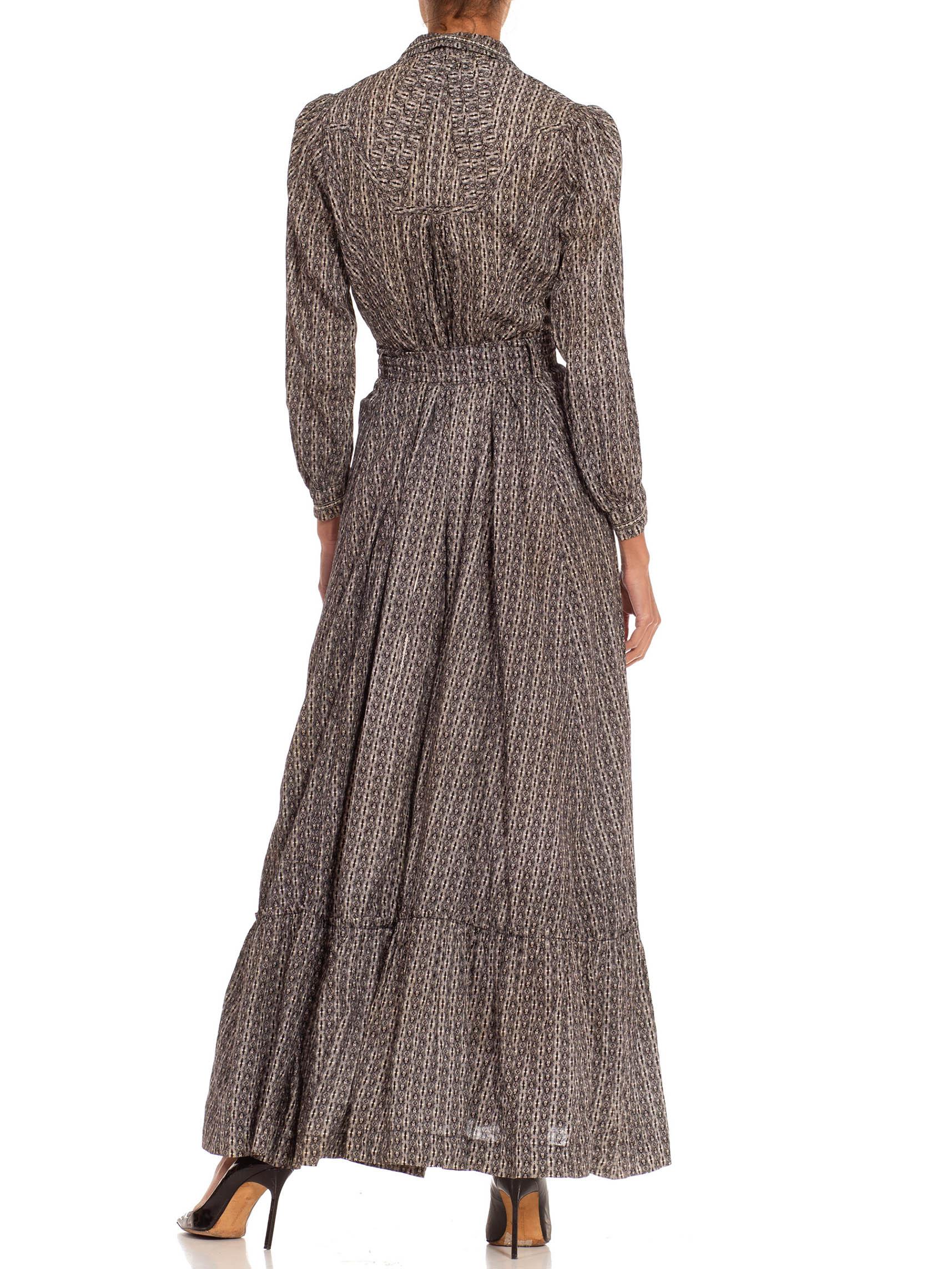 Women's Victorian Black & White Organic Cotton Calico Print 1880'S Dress With Original  For Sale