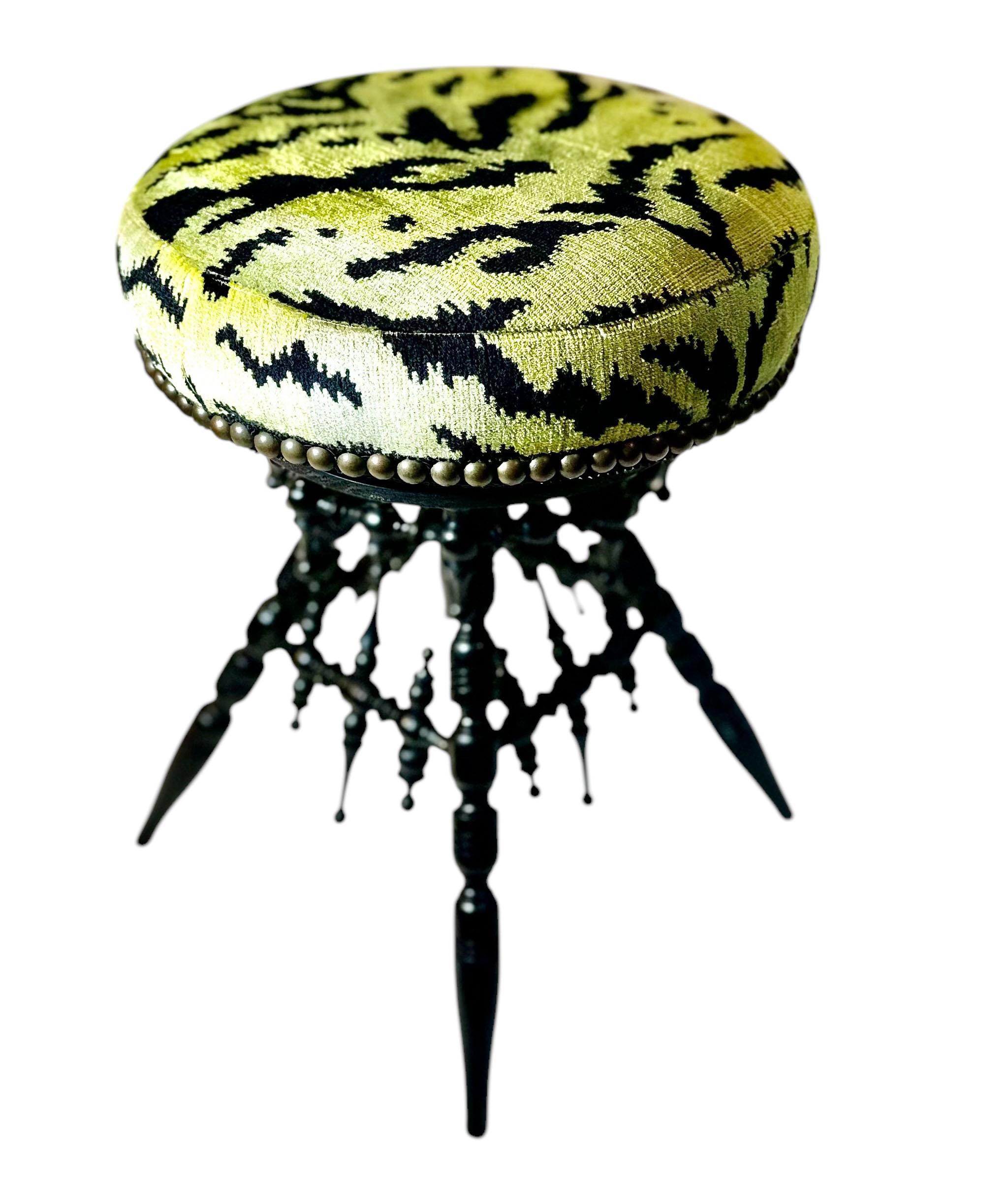 English Victorian Black Wood Stool Upholstered in Scalamandré Tiger Velvet For Sale