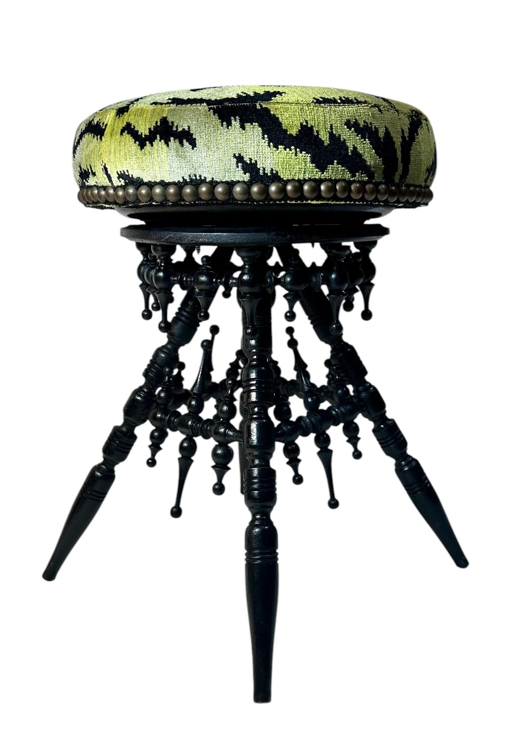 Mid-19th Century Victorian Black Wood Stool Upholstered in Scalamandré Tiger Velvet For Sale