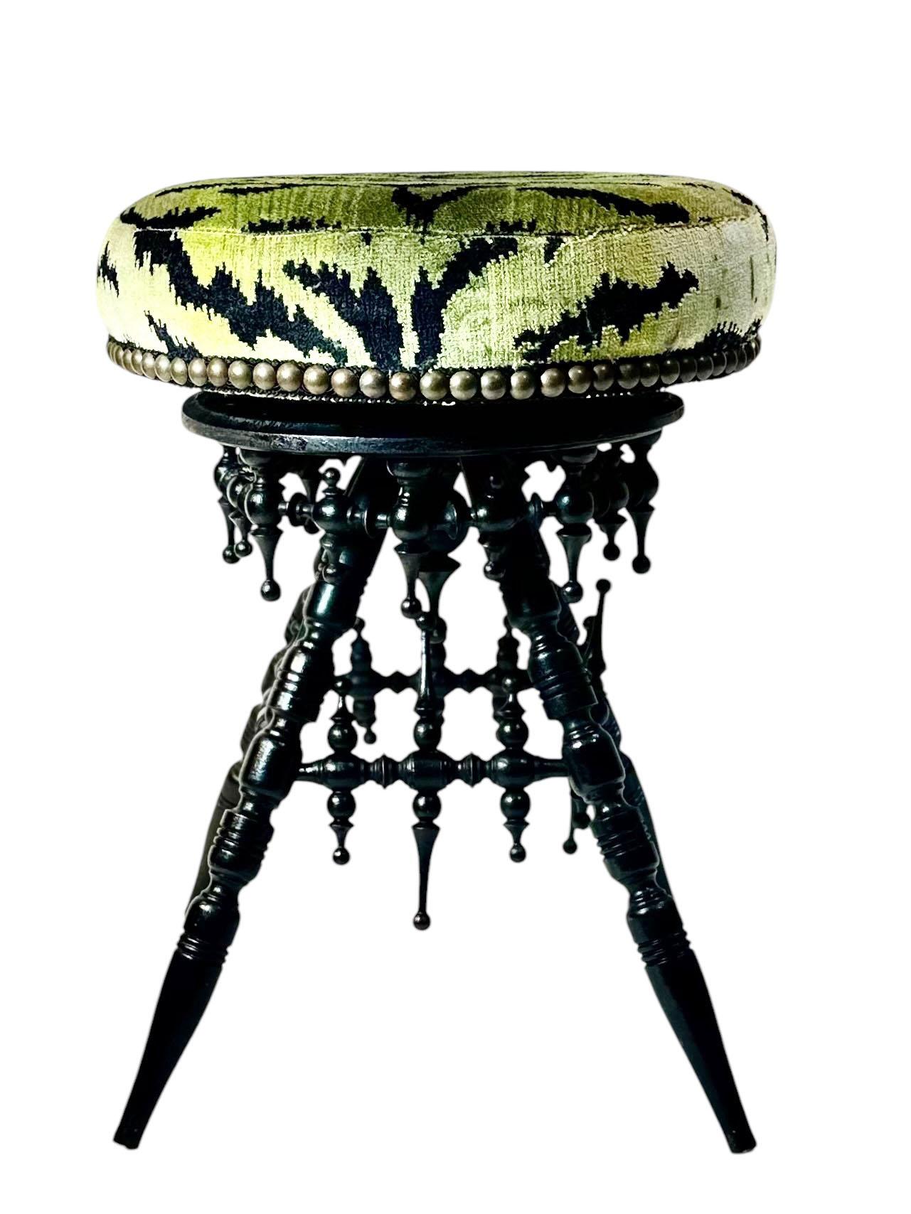 Textile Victorian Black Wood Stool Upholstered in Scalamandré Tiger Velvet For Sale