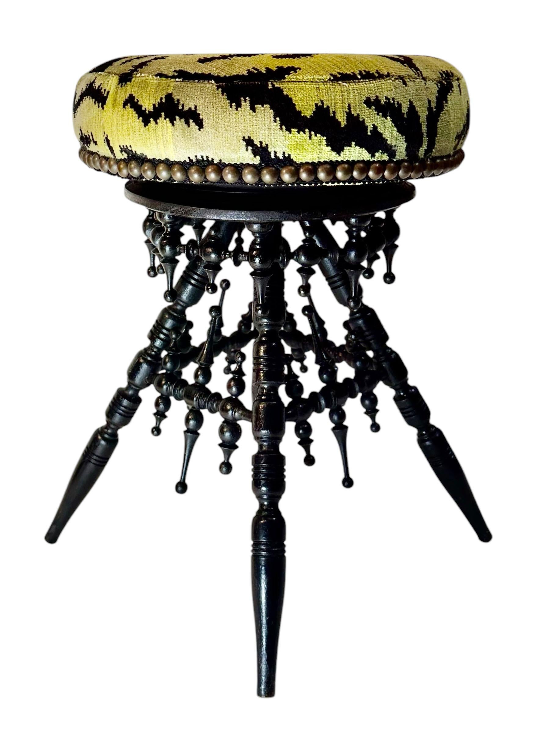 Victorian Black Wood Stool Upholstered in Scalamandré Tiger Velvet For Sale 1