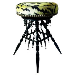 Victorian Black Wood Stool Upholstered in Scalamandré Tiger Velvet