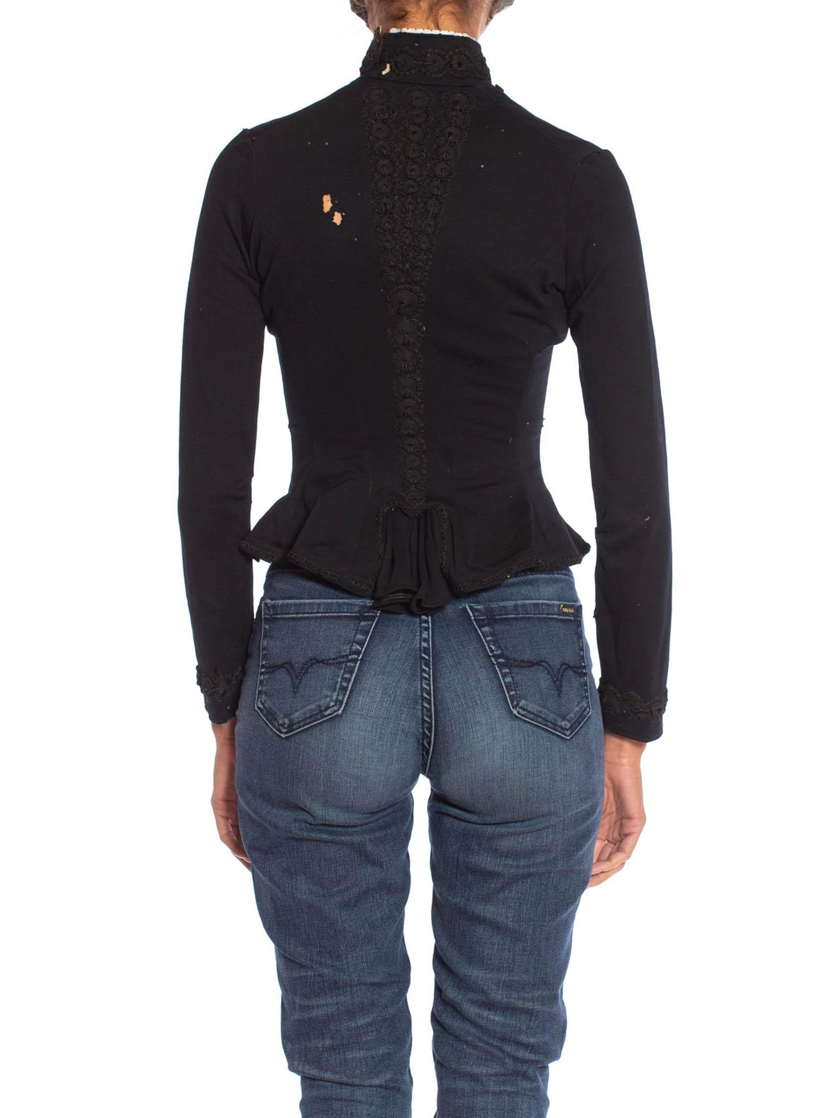 Victorian Black Wool Blend Knit Beautifully Tattered & Embroidered 1880S Top Fr For Sale 6