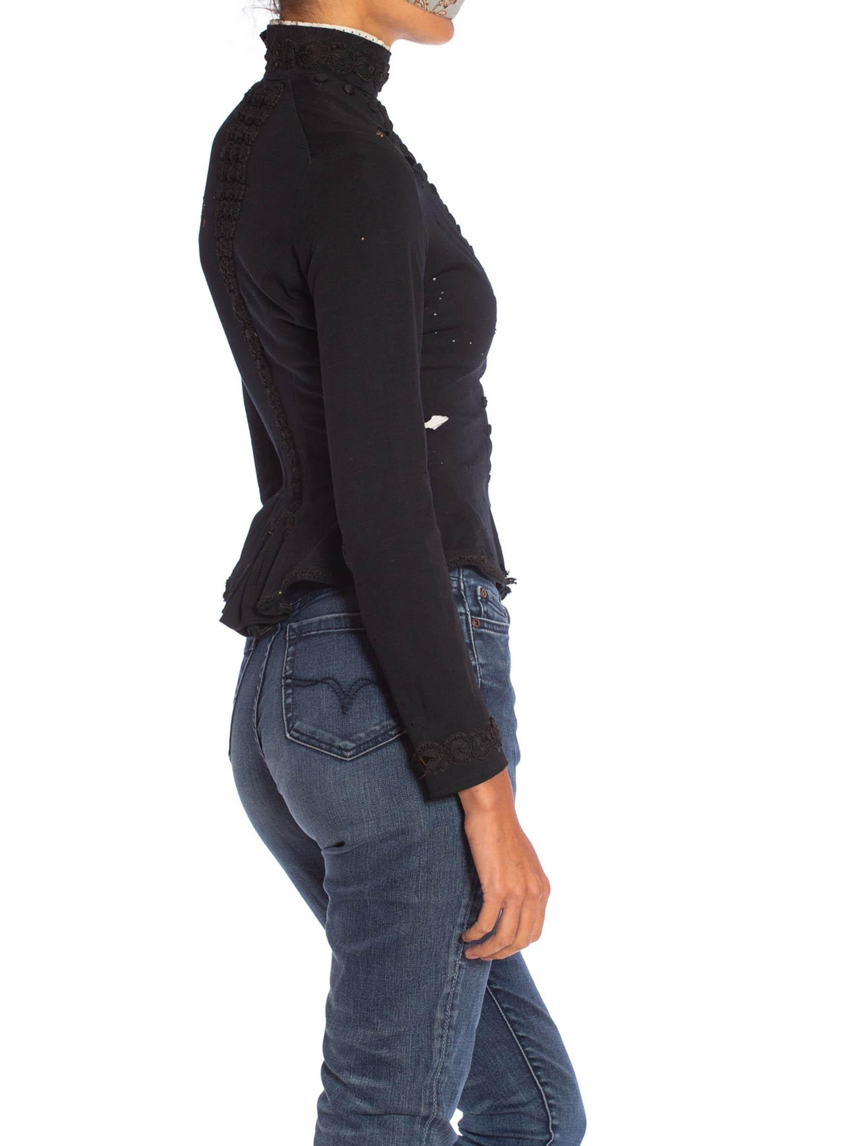 Victorian Black Wool Blend Knit Beautifully Tattered & Embroidered 1880S Top Fr In Good Condition For Sale In New York, NY