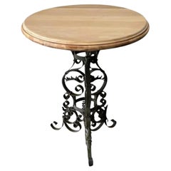 Antique Victorian Bleached Wood Scrolling Wrought Iron Bistro Table
