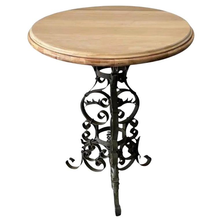 Victorian Bleached Wood Scrolling Wrought Iron Bistro Table For Sale at