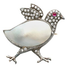 Victorian Blister Pearl Ruby and Diamond Yellow Gold Chick Brooch