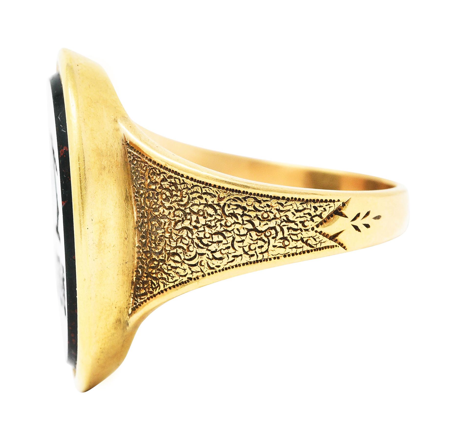 Victorian Bloodstone 18 Karat Gold Intaglio Monogram Signet Unisex Ring 1