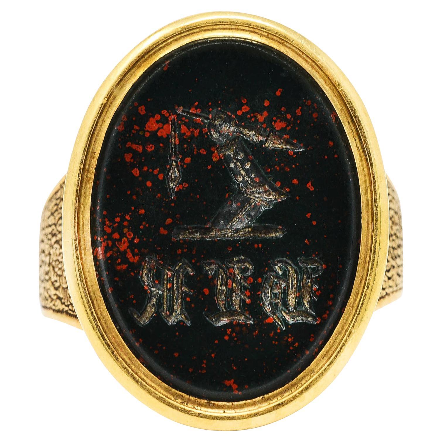 Victorian Bloodstone 18 Karat Gold Intaglio Monogram Signet Unisex Ring