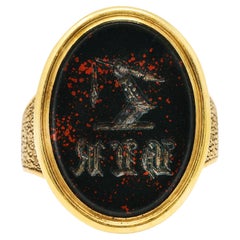 Victorian Bloodstone 18 Karat Gold Intaglio Monogram Signet Unisex Ring