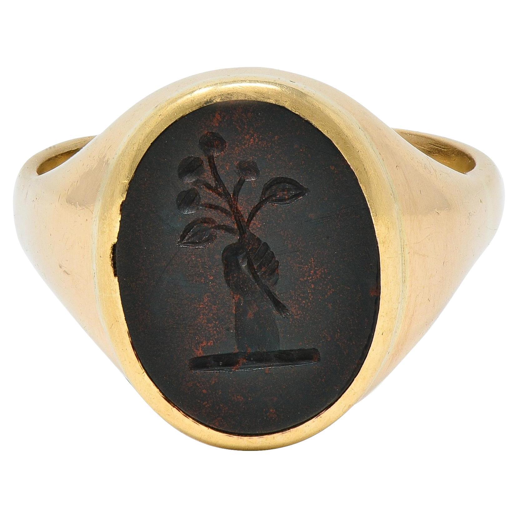 Victorian Bloodstone 18K Gold Heraldic Crest Antique Unisex Intaglio Signet Ring For Sale