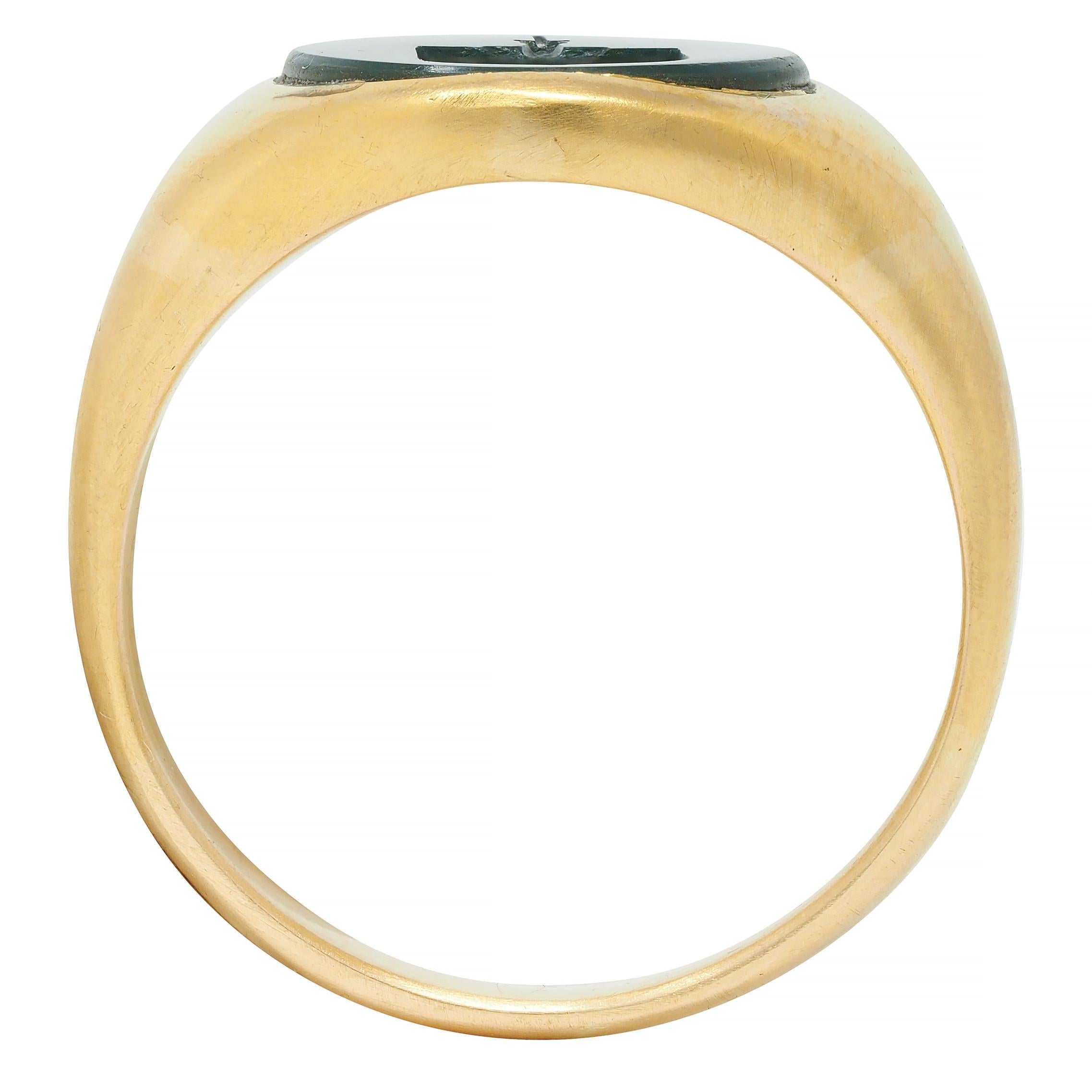 Victorian Bloodstone 18K Yellow Gold Crest Antique Unisex Shield Signet Ring 6